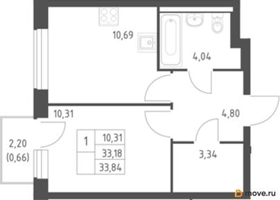 1-комн. квартира, 33.84 м&sup2;