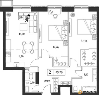 2-комн. квартира, 73.7 м&sup2;