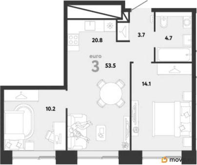2-комн. квартира, 53.5 м&sup2;