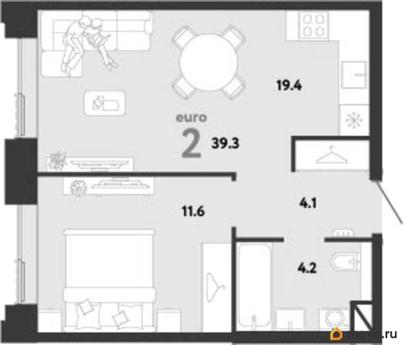 1-комн. квартира, 39.3 м&sup2;