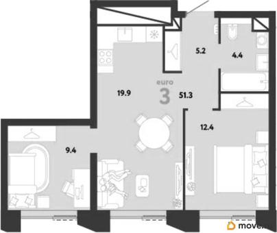 2-комн. квартира, 51.3 м&sup2;
