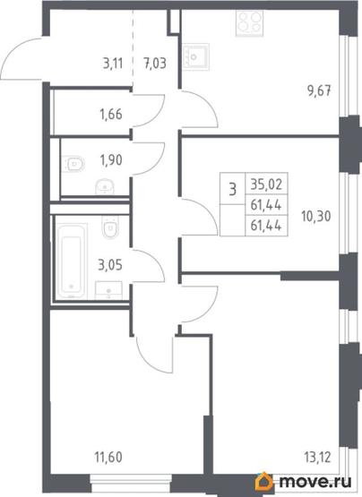 3-комн. квартира, 61.44 м&sup2;
