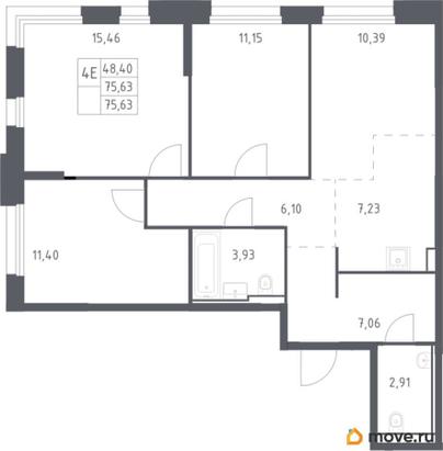 3-комн. квартира, 75.63 м&sup2;