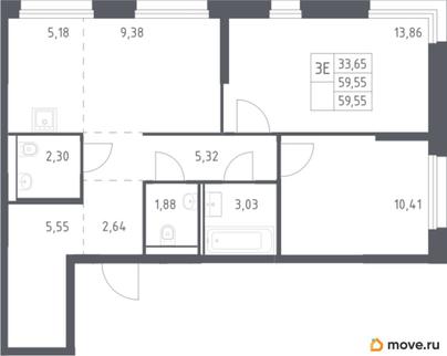2-комн. квартира, 59.55 м&sup2;