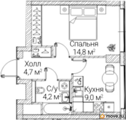 1-комн. квартира, 32.7 м&sup2;