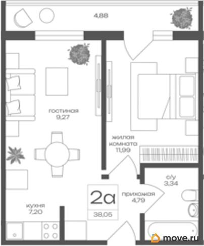 1-комн. квартира, 38.05 м&sup2;