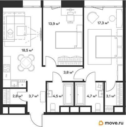 2-комн. квартира, 72.3 м&sup2;