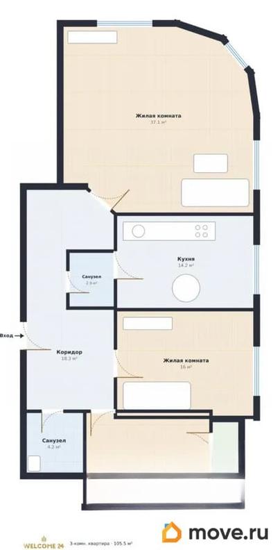 3-комн. квартира, 105.5 м&sup2;