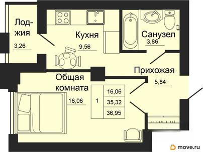 1-комн. квартира, 36.95 м&sup2;