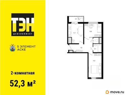 2-комн. квартира, 52.3 м&sup2;