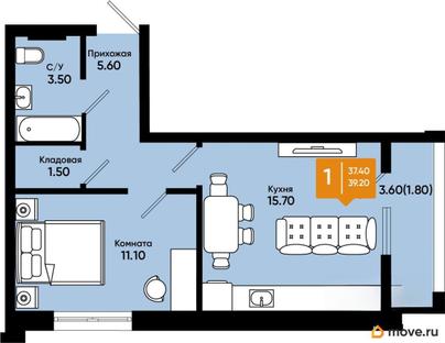 1-комн. квартира, 39.2 м&sup2;