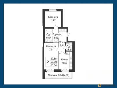 2-комн. квартира, 63.64 м&sup2;
