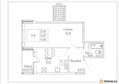 1-комн. квартира, 43.64 м&sup2;