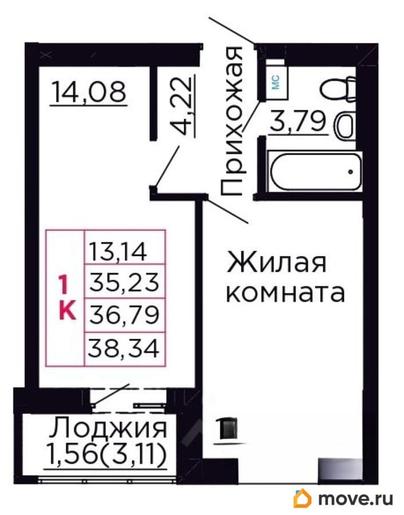 1-комн. квартира, 36.79 м&sup2;