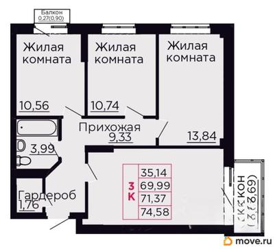 3-комн. квартира, 71.37 м&sup2;