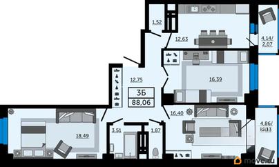 3-комн. квартира, 88.06 м&sup2;