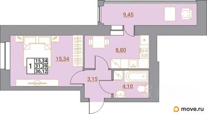 1-комн. квартира, 34.89 м&sup2;