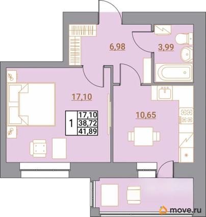 1-комн. квартира, 40.89 м&sup2;