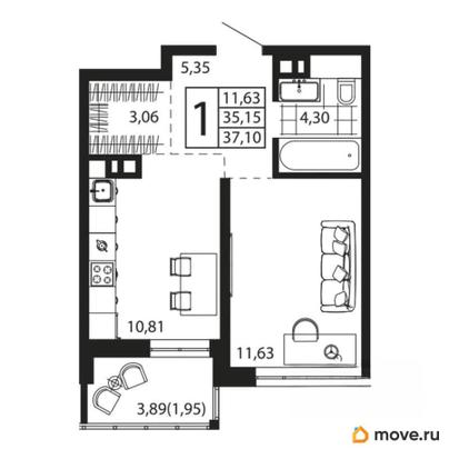 1-комн. квартира, 34.5 м&sup2;
