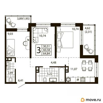 3-комн. квартира, 60.58 м&sup2;