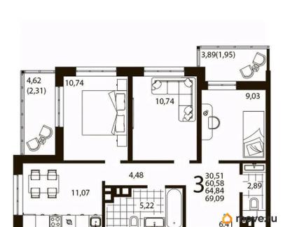3-комн. квартира, 60.5 м&sup2;