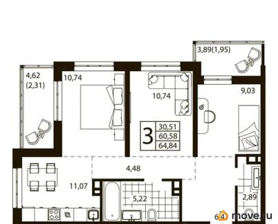 3-комн. квартира, 59.45 м&sup2;