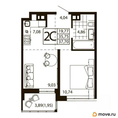 2-комн. квартира, 35.75 м&sup2;