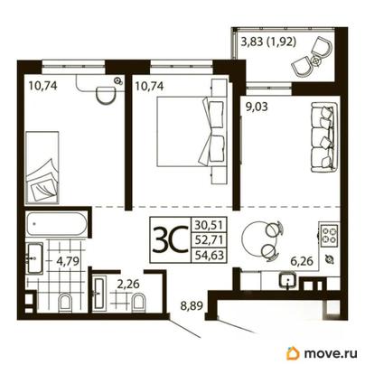 3-комн. квартира, 52.04 м&sup2;