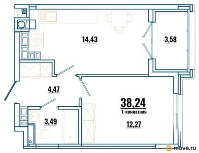 1-комн. квартира, 38.24 м&sup2;