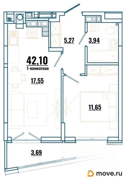 1-комн. квартира, 42.1 м&sup2;