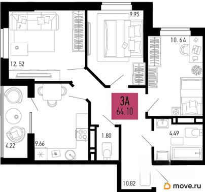 3-комн. квартира, 61.99 м&sup2;