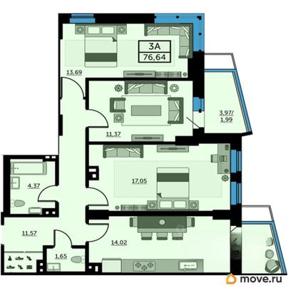 3-комн. квартира, 77.4 м&sup2;