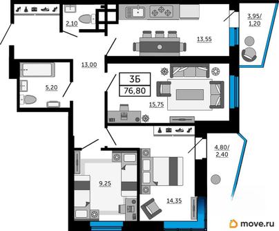 3-комн. квартира, 76.8 м&sup2;