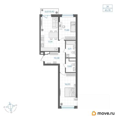 2-комн. квартира, 66.59 м&sup2;