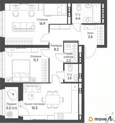 2-комн. квартира, 65.4 м&sup2;