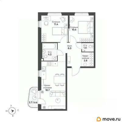 2-комн. квартира, 58.1 м&sup2;