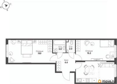 2-комн. квартира, 62.1 м&sup2;