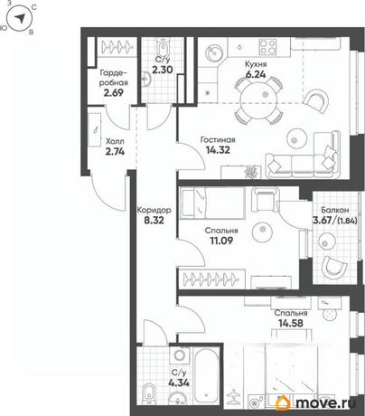 2-комн. квартира, 68.4 м&sup2;