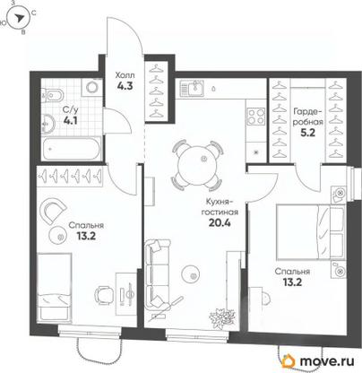 2-комн. квартира, 60.4 м&sup2;