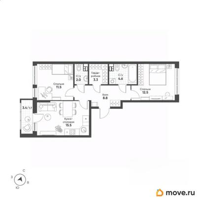 2-комн. квартира, 59.9 м&sup2;