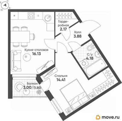 1-комн. квартира, 42 м&sup2;