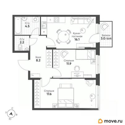 2-комн. квартира, 61.4 м&sup2;