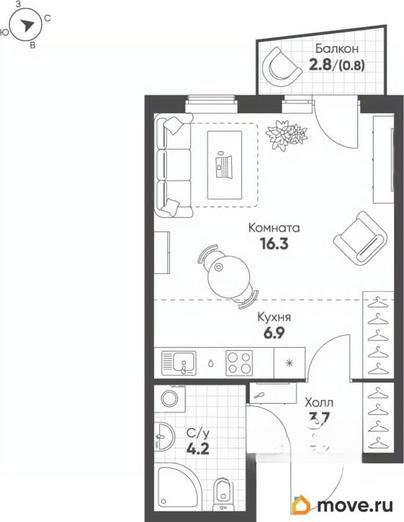 студия, 31.9 м&sup2;