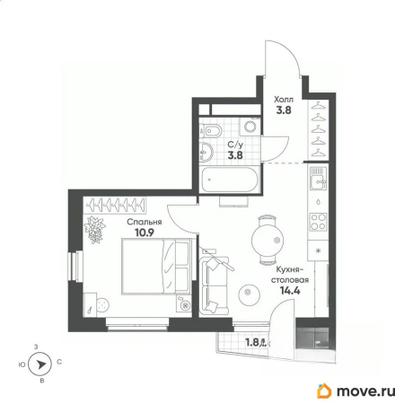1-комн. квартира, 33.4 м&sup2;