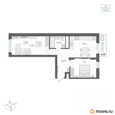 2-комн. квартира, 53.23 м&sup2;