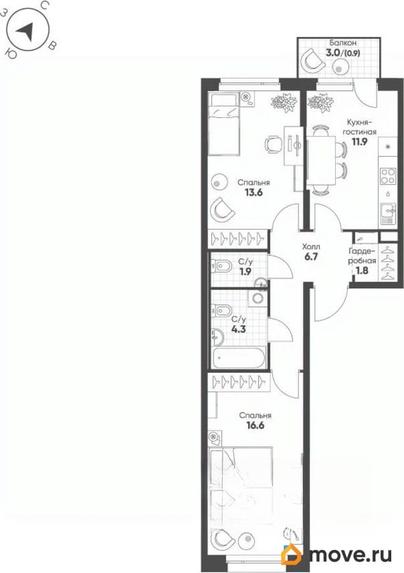 2-комн. квартира, 57.7 м&sup2;