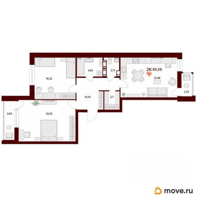 2-комн. квартира, 85.58 м&sup2;