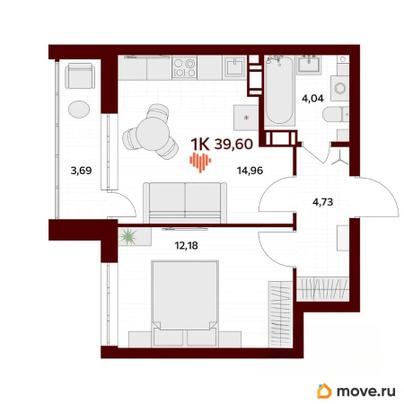 1-комн. квартира, 39.6 м&sup2;