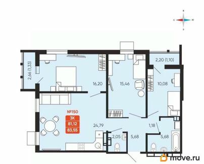 3-комн. квартира, 83.55 м&sup2;