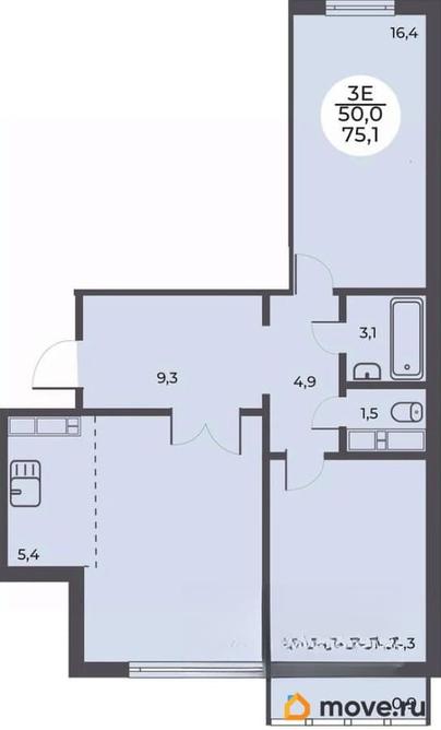 3-комн. квартира, 75.1 м&sup2;
